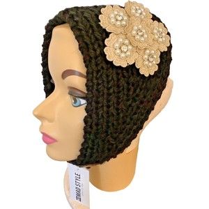Mad Style Black Pearl Floral Knit Headwrap Button Closure NEW